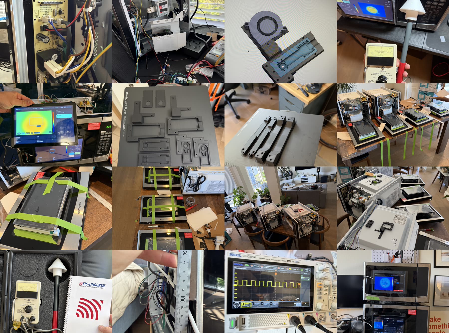 A mosaic of Radiant Microwave prototype build progress photos in San Francisco.