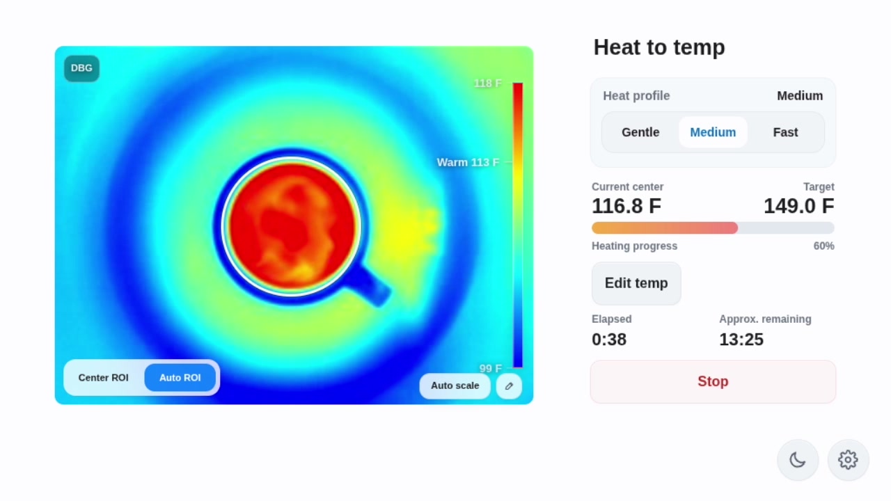Radiant Microwave touchscreen showing heat to temperature controls beside the thermal image.