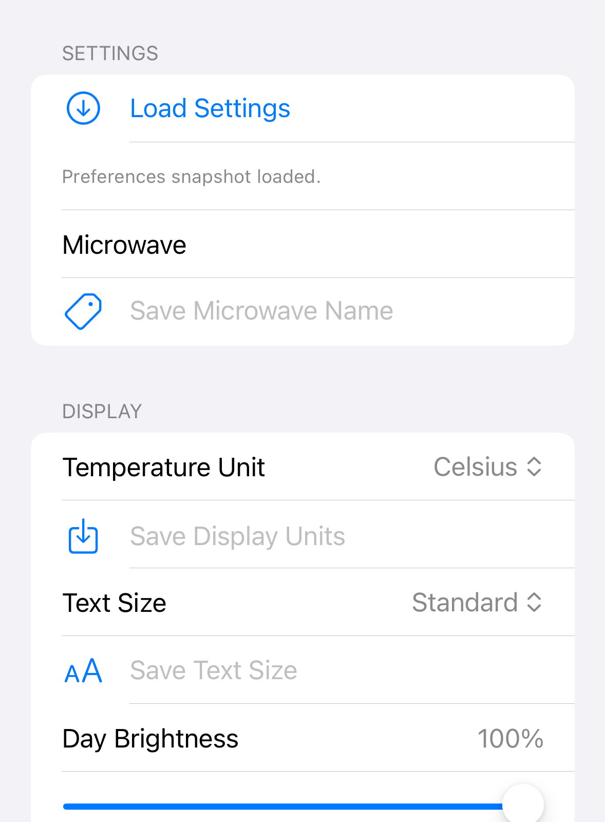 iPhone Settings tab showing temperature unit and display brightness controls