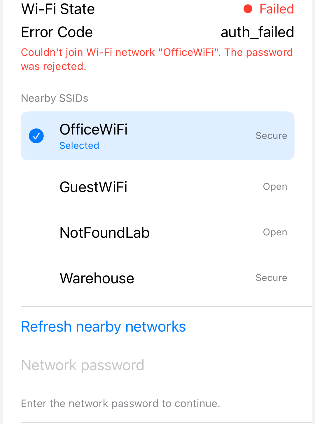 iPhone setup screen showing a Wi-Fi connection failure with nearby networks and refresh controls