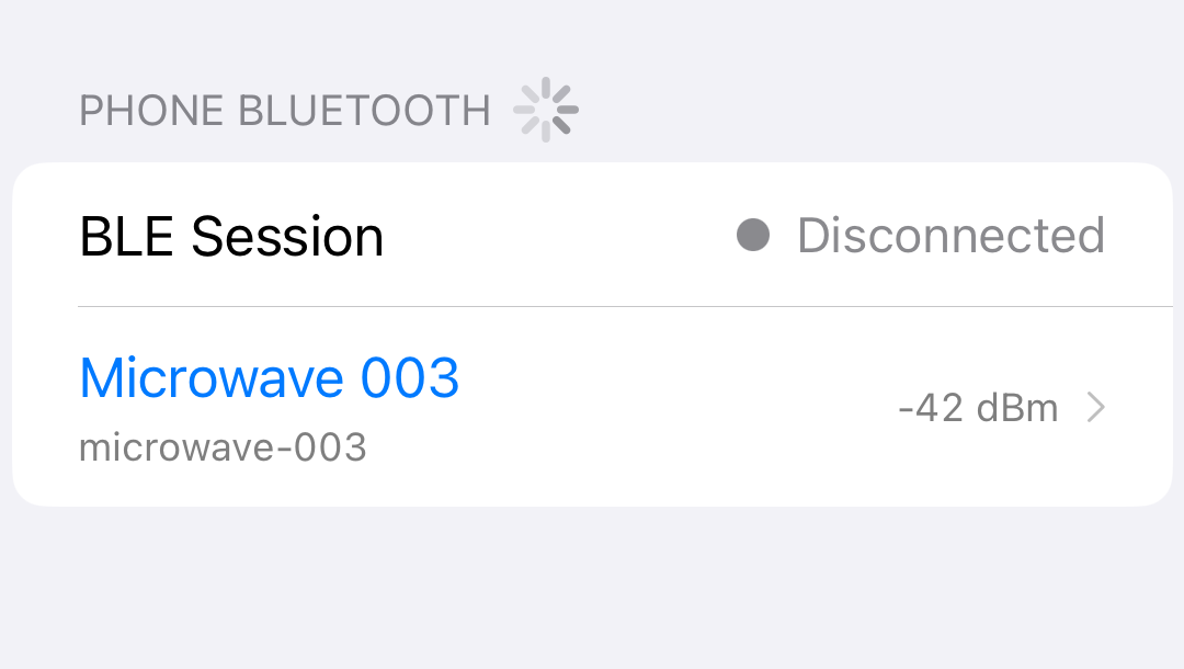 iPhone setup screen showing Phone Bluetooth scanning with a nearby microwave row
