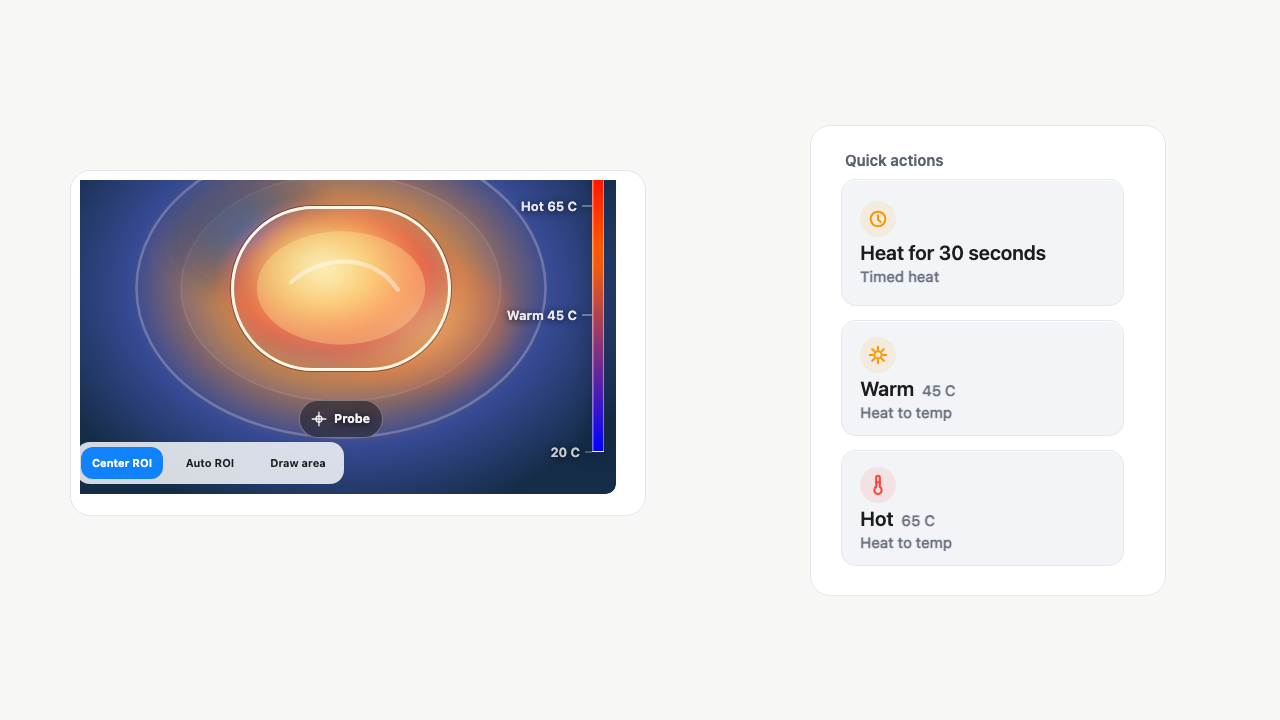 V2 Standard microwave screen showing thermal image and Center ROI, Auto ROI, and Draw area controls