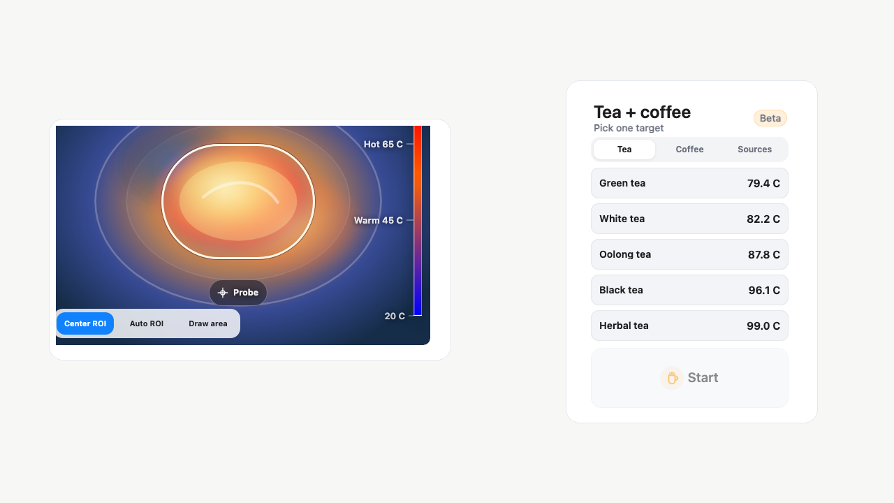 Tea and coffee panel showing green, white, oolong, black, and herbal tea temperature presets