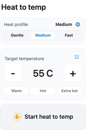 Heat-to-temp setup panel with heat profile controls and target temperature buttons